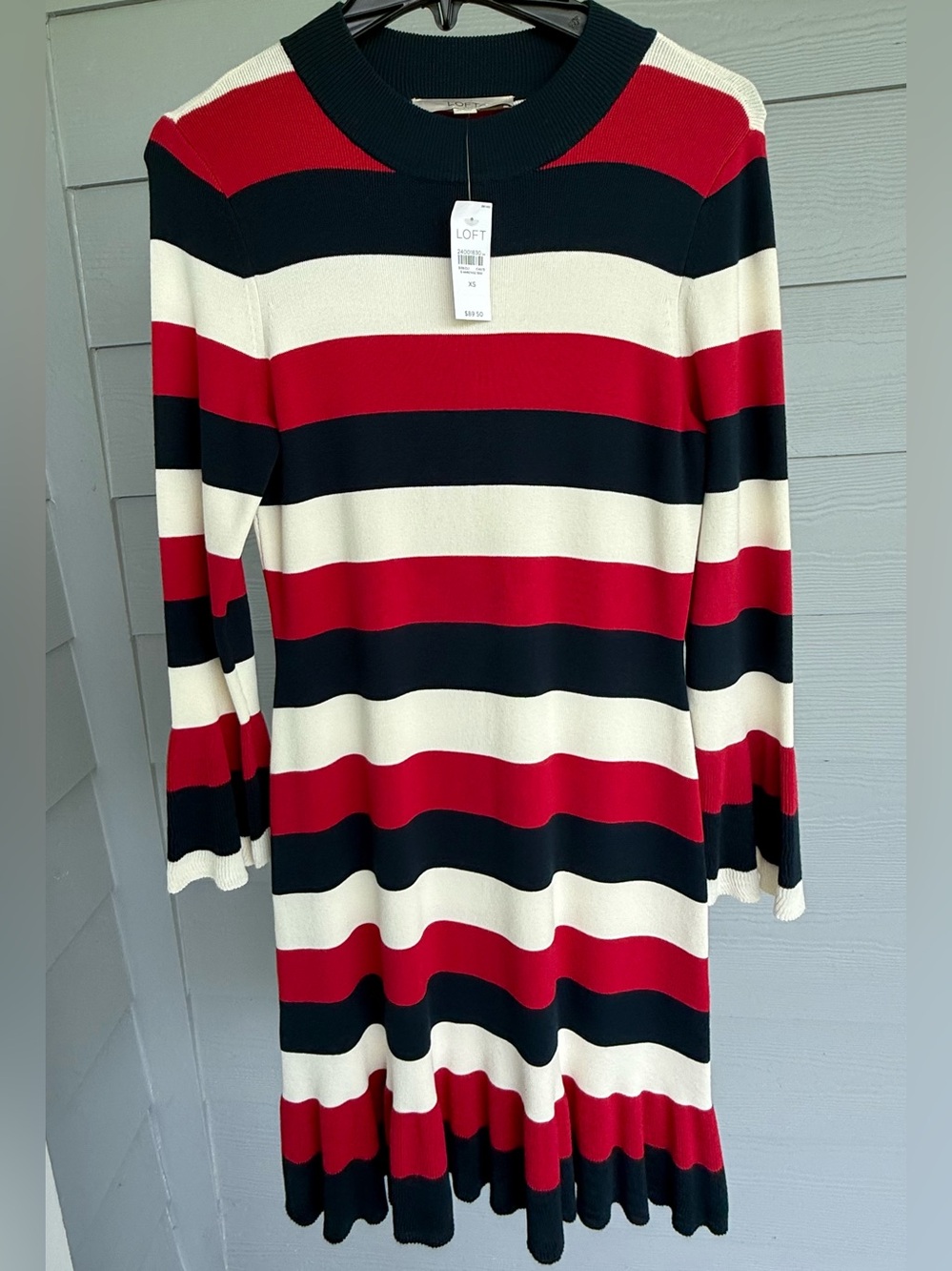 NWT LOFT Red, Black & Cream Striped Crewneck Sweater Dress